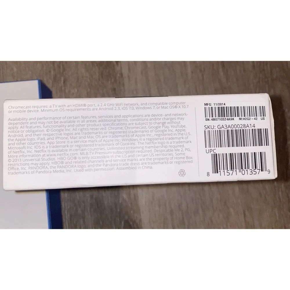 Google Chromecast (1st Generation) HDMI Media Streamer Black H2G2-42